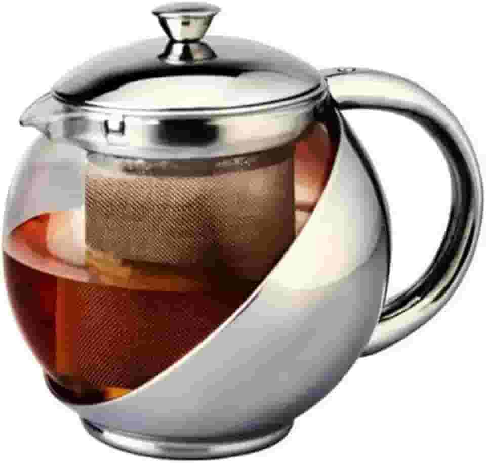 Chaleira de Vidro Borossilicato com Infusor, 1000ml, 14cm, Compatível com Fogão a Gás, Elétrico e Indução, Tampa e Proteção de Inox, Alça Ergonômica, Resistente à calor, Para chá, Água