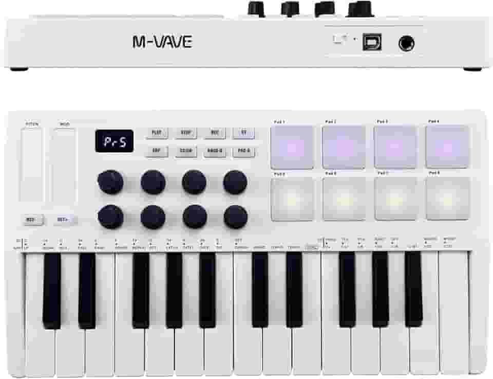 Teclado de controle MIDI 25 teclas Mini teclado USB portátil controlador MIDI com 25 teclas sensíveis à velocidade 8 pads retroiluminados RGB 8 botões