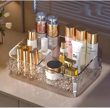 Organizador de maquiagem mesa, rack estojo prateleira de cosméticos, make pincel, perfumes, batons Porta jóias banheiro, closet, quarto Acrílico Contemporâneo Chic Premium-28x20x8cm Transparente