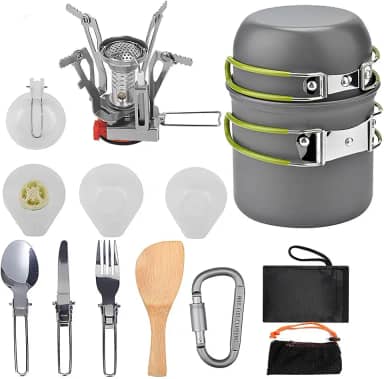 Conjunto de Panelas e Frigideiras de Acampamento - Kit de Cozinha Portátil com Utensílios Inoxidáveis, Bolsa de rede, Dobrável - Ideal para Camping, Caminhadas e Piqueniques (644g)