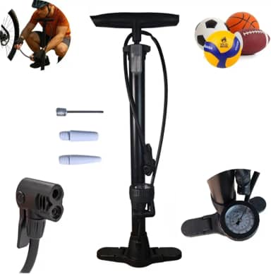 Bomba de Ar Manual para Pneus com Manômetro, 160 PSI, 2 Bicos Adaptadores