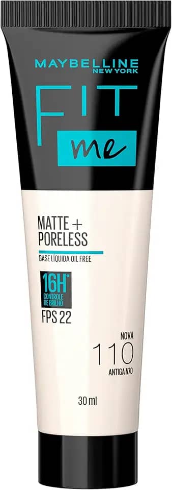 Maybelline NY Base Líquida Fit Me Matte FPS 22 e proteção UVA, Proporciona efeito natural, se adapta a pele, controla a oleaosidade, Cor 110 (Antiga N70), 30ml