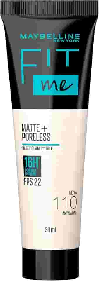 Maybelline NY Base Líquida Fit Me Matte FPS 22 e proteção UVA, Proporciona efeito natural, se adapta a pele, controla a oleaosidade, Cor 110 (Antiga N70), 30ml