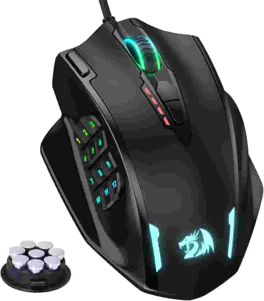 Redragon Mouse M908 Impact RGB LED MMO com botões laterais Mouse para jogos com fio óptico com 12.400DPI, alta precisão, 20 botões programáveis para mouse