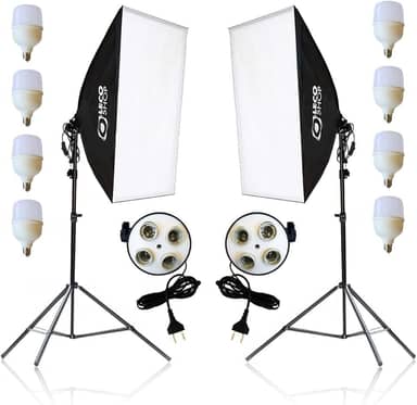 Kit 2 Softbox Fotográfico 50x70cm com 8 Lâmpadas LED 20W e 2 Tripés Ajustáveis 2m – Iluminação Contínua Profissional para Estúdio, Vídeo, Live e Fotografia