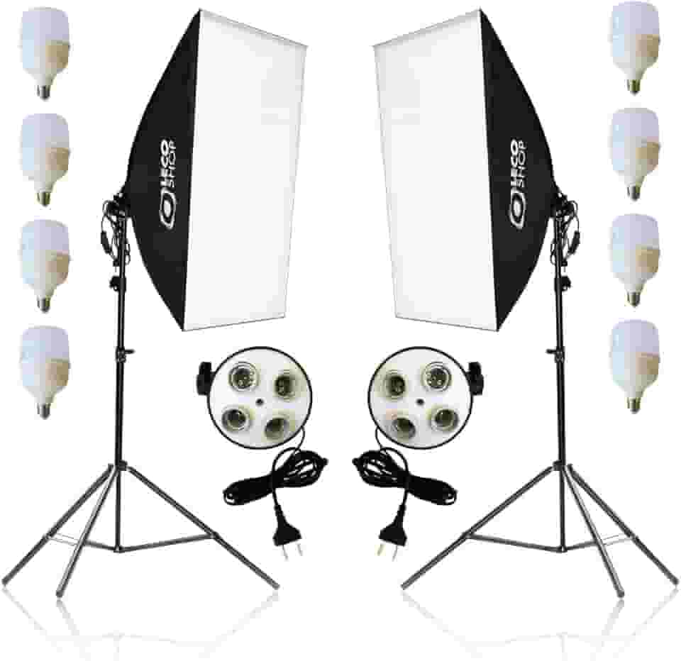 Kit 2 Softbox Fotográfico 50x70cm com 8 Lâmpadas LED 20W e 2 Tripés Ajustáveis 2m – Iluminação Contínua Profissional para Estúdio, Vídeo, Live e Fotografia