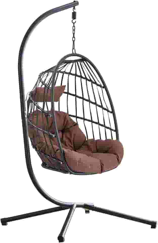 Cadeira dobrável suspensa com suporte, cadeira suspensa de vime no pátio com almofada, capacidade de 158 kg para varanda, quarto, jardim (marrom preto)