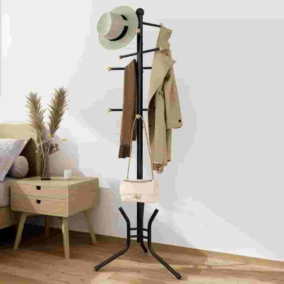 Cabideiro de Chão Organizador para Roupas Casaco Bolsa Chapéu 12 Ganchos, Adequado para Halls de Entrada, Salas de Estar e Quartos, Preto