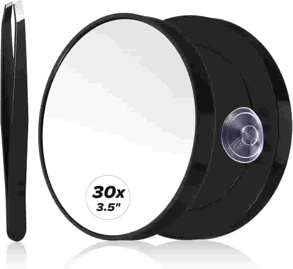 Espelho de aumento 30X com ventosas, espelho de maquiagem ampliado de 8,5 cm, espelhos redondos de chuveiro, pinça de aço inoxidável para maquiagem, sobrancelhas, barbas e viagens (preto)