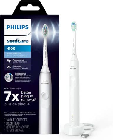 Philips Sonicare Escova de dentes elétrica recarregável 4100, com sensor de pressão, 2 configurações de intensidade, SmarTimer e QuadPacer, vida útil da bateria de 14 dias, branca, modelo HX3681/23