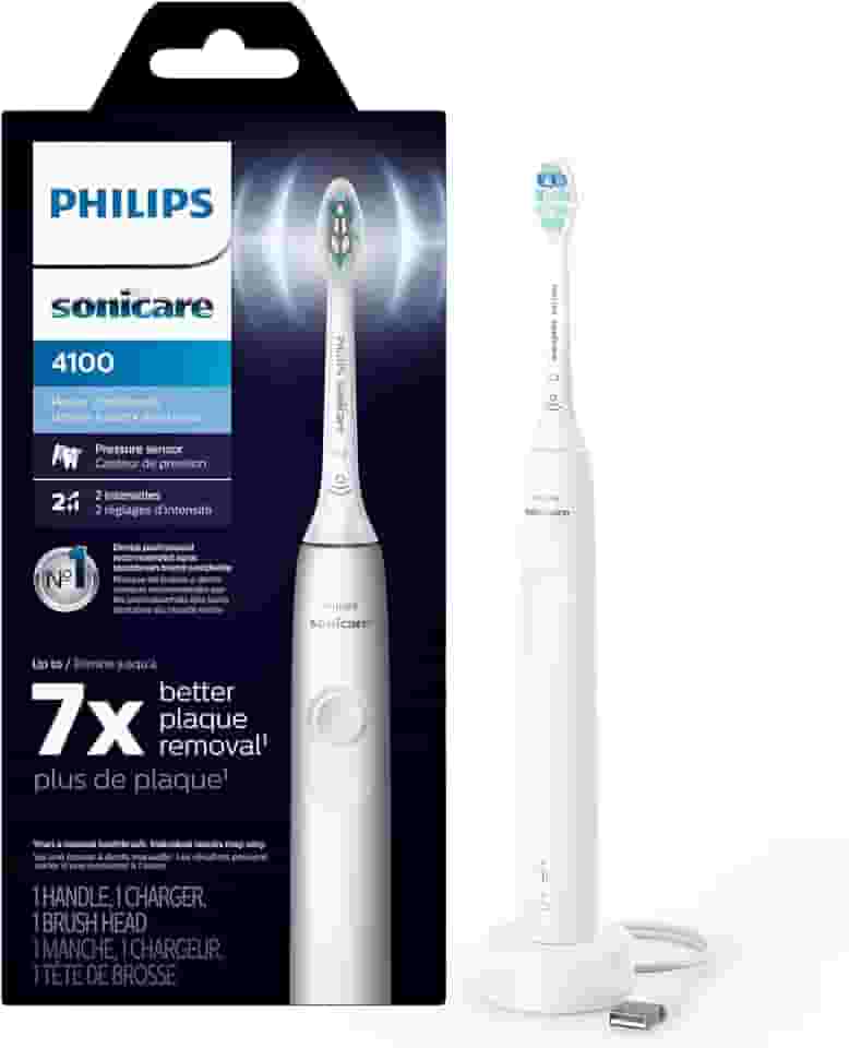 Philips Sonicare Escova de dentes elétrica recarregável 4100, com sensor de pressão, 2 configurações de intensidade, SmarTimer e QuadPacer, vida útil da bateria de 14 dias, branca, modelo HX3681/23