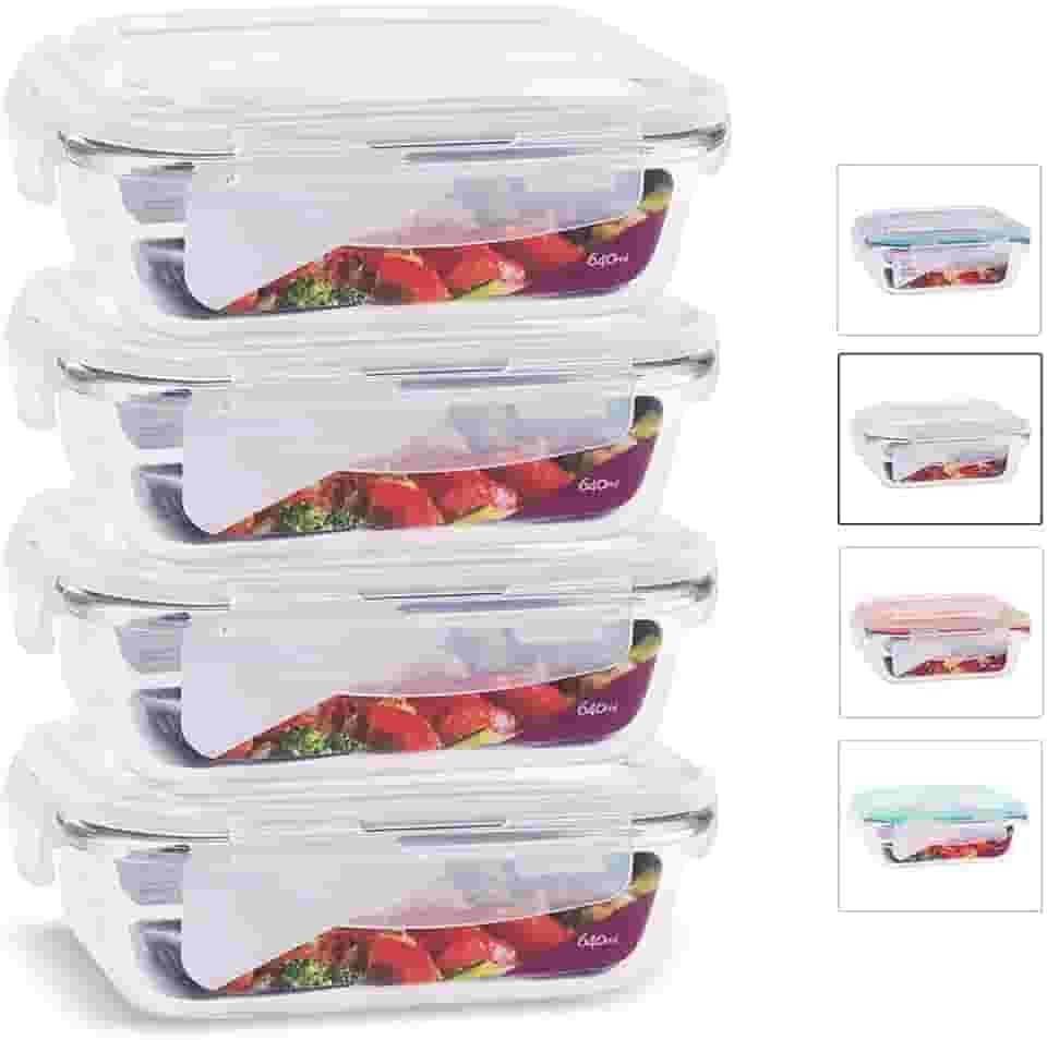 KIT 4 Potes de Vidro Retangular com Tampa Hermética 640ml Cor:Branco (QH)