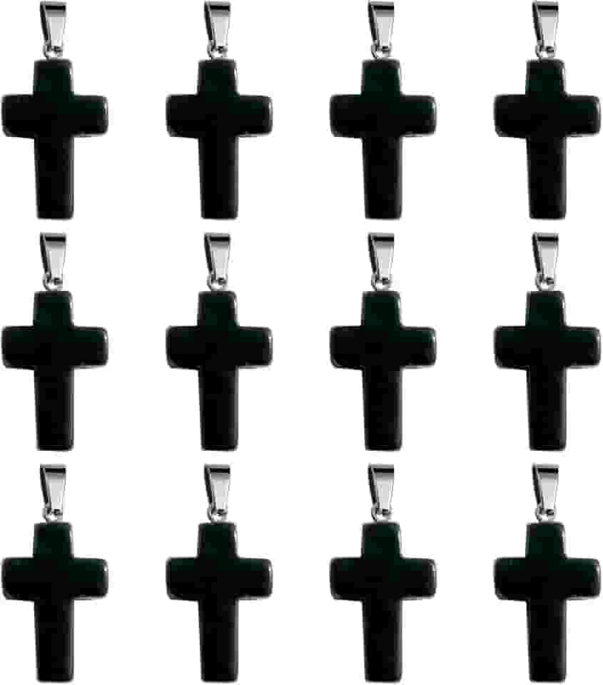 12 peças de pingente de cruz de pedra natural, cristal de cura obsidiana preta, quartzo, chakra, reiki, pingentes de pedras preciosas, pingentes a granel para fazer joias de colar faça você mesmo