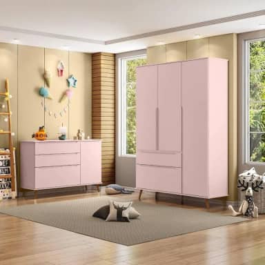 Jogo de Quarto Para Bebê Completo Melinda com Roupeiro e Cômoda Rose