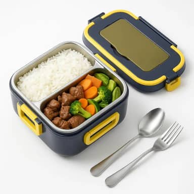 Marmita Elétrica Portátil Bivolt e Veicular 1,5L Inox – Azul com Amarelo | Refeições Quentes em Qualquer Lugar!