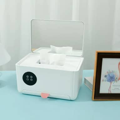 Aquecedor de lenços umedecidos 3 em 1 com espelho, dispensador de lenços umedecidos com temperatura ajustável, controle de temperatura em 4 etapas, aquecedor de lenços umedecidos com aquecimento