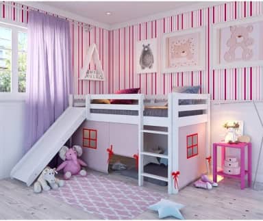 Cama Alta Kids com Escorregador e Tenda em Madeira Maciça/mdf Branco/rosa