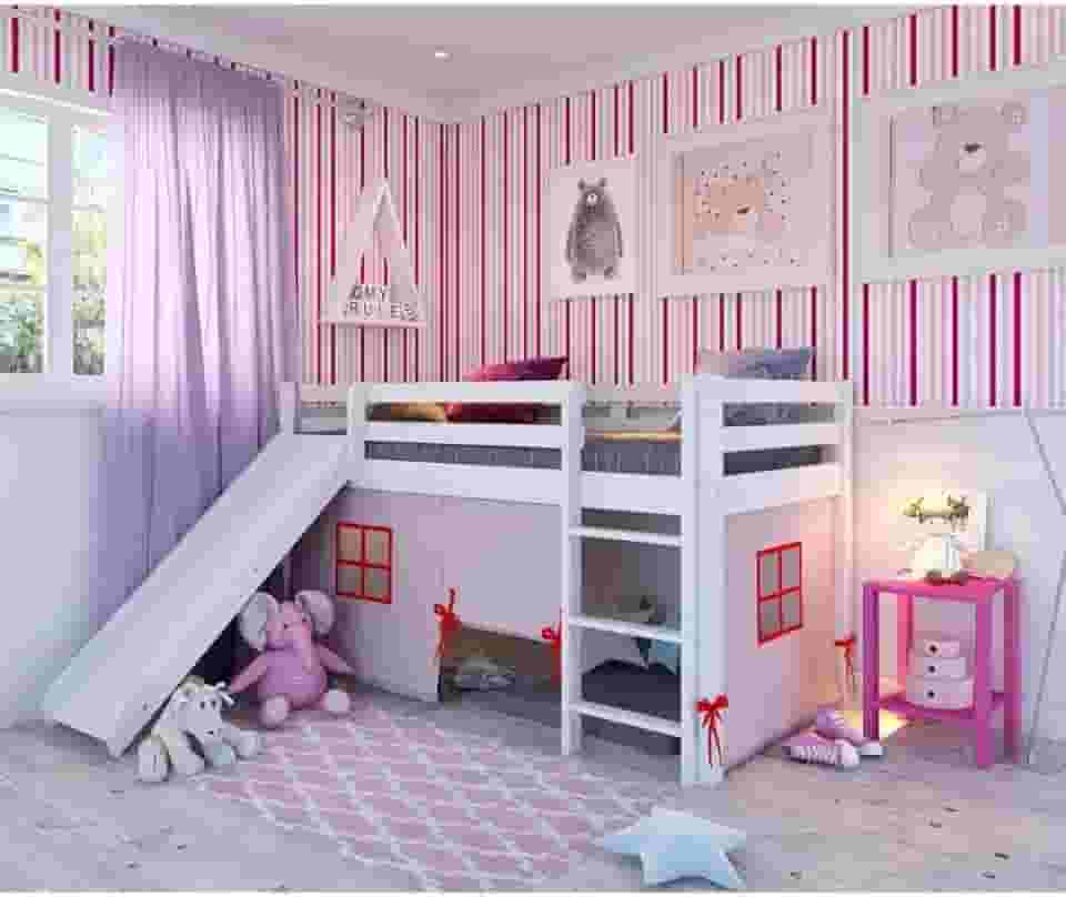 Cama Alta Kids com Escorregador e Tenda em Madeira Maciça/mdf Branco/rosa