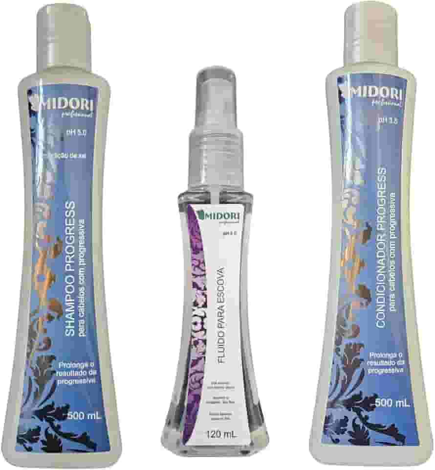 Kit de Cabelo Midori: Shampoo, Condicionador Progressiva e Fluido para Escova - Mantém o alisamento e prolonga os efeitos da progressiva
