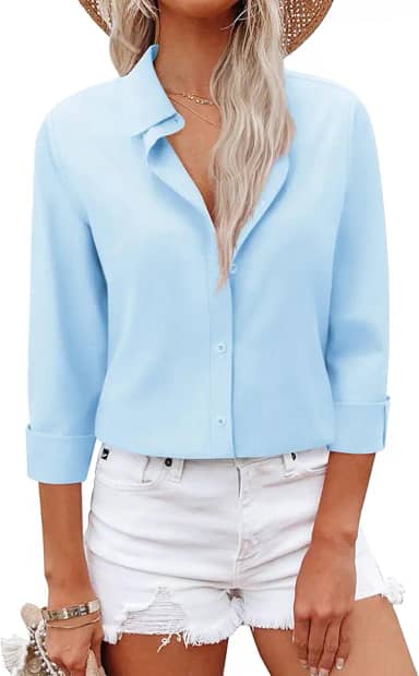 Camisas Femininas Abotoadas, Camisas Sociais Justas, Gola, Manga Comprida, Blusa Sem Vincos, Blusa Formal de Trabalho para Escritório, Túnica, Tops - Azul Claro M