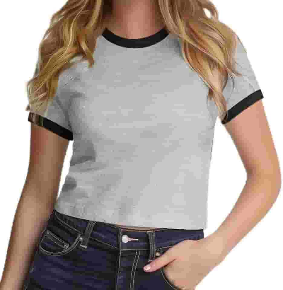 Camiseta feminina retrô - blusa cropped de manga curta gola redonda, acabamento contrastante clássico
