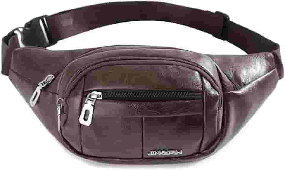 Pochete de couro sintético masculina, Bolsa de cintura com vários bolsos, viagens, caminhadas, cinto fino, porta celular, carteira, Doleira motoboy (Mogno)