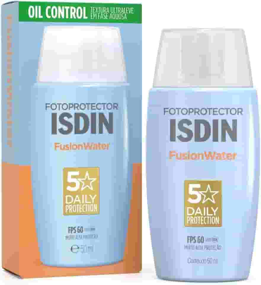 Protetor Solar Facial Isdin Fusion Water FPS 60 50ml | Textura Ultraleve | Controle da Oleosidade | Não Irrita os Olhos | Com Ácido Hialurônico e Vitamina E | Para Todos os Tipos de Pele