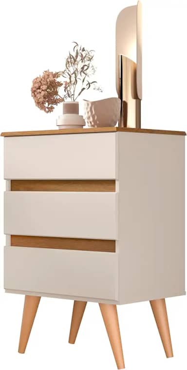 Mesa de Cabeceira Criado Roma com 3 Gavetas Pés palito para Quarto (OFF WHITE/FREIJÓ)