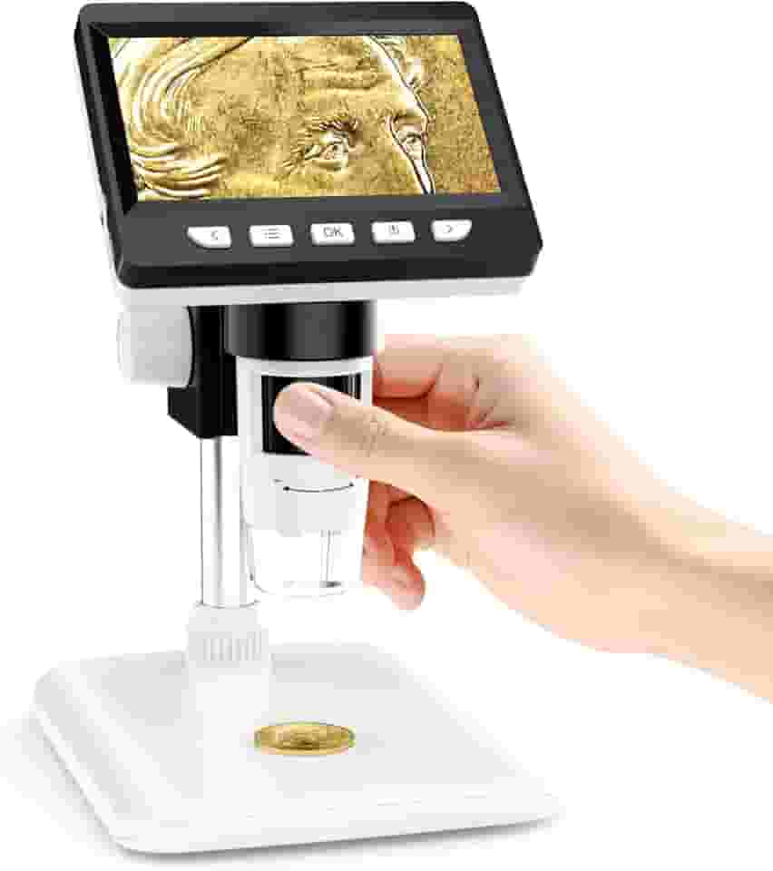 Microscópio digital LCD de 4,3 polegadas, câmera de microscópio AOPICK Coin com ampliação de 50 x 1000 x, microscópio USB 1080p para crianças e adultos – 8 luzes LED ajustáveis, visualização de PC,