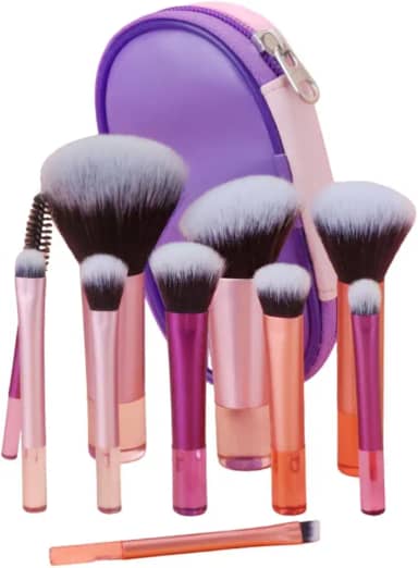 Kit Mini Pincéis de Maquiagem 10 Peças Travel Size com Nécessaire – Cerdas Macias para Make Completa - Rosa e Roxo