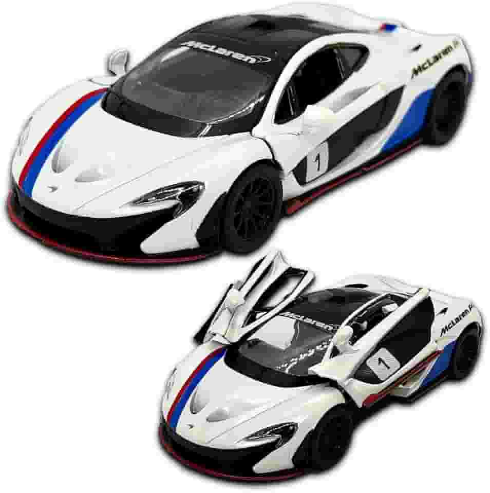 Carrinho de ferro miniatura McLaren P1, abertura de portas, com fricção, 12,5 CM, Em metal, 1/36, Pneus em borracha, Kinsmart (Branco Numerada)