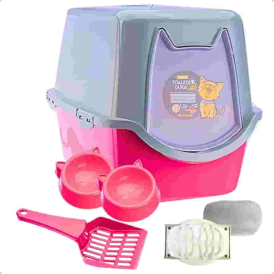 Caixa de areia para Gatos Rosa Toalete Duracats Banheiro Bandeja Sanitário Higiênico Facil Limpeza Confortável com Comedouros e Pá