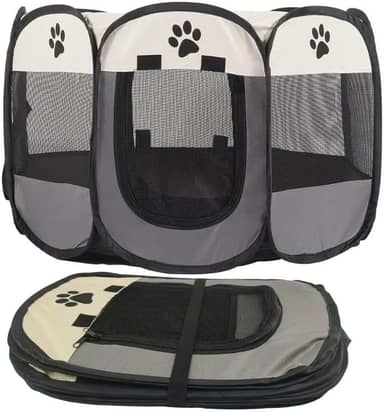 Cercado Portátil para Pets, Tenda Dobrável com Tela de Malha, Preto e Bege, para Cães, Gatos, Coelhos e Pequenos Animais, Design com Patas