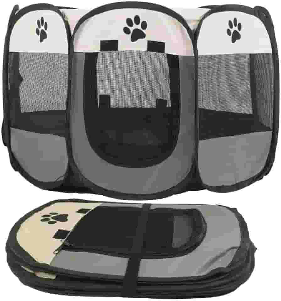 Cercado Portátil para Pets, Tenda Dobrável com Tela de Malha, Preto e Bege, para Cães, Gatos, Coelhos e Pequenos Animais, Design com Patas