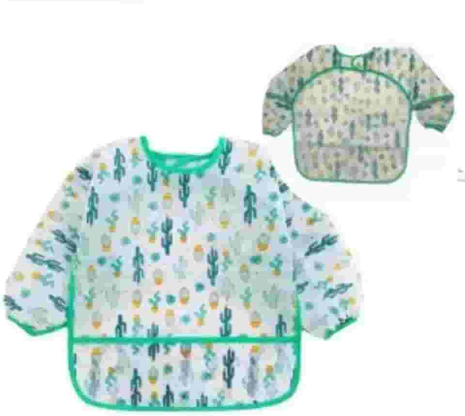 Babador Manga Longa Impermeável Tecido Molinho com Coletor Migalhas Babador Avental Introdução Alimentar Estampa Cactos