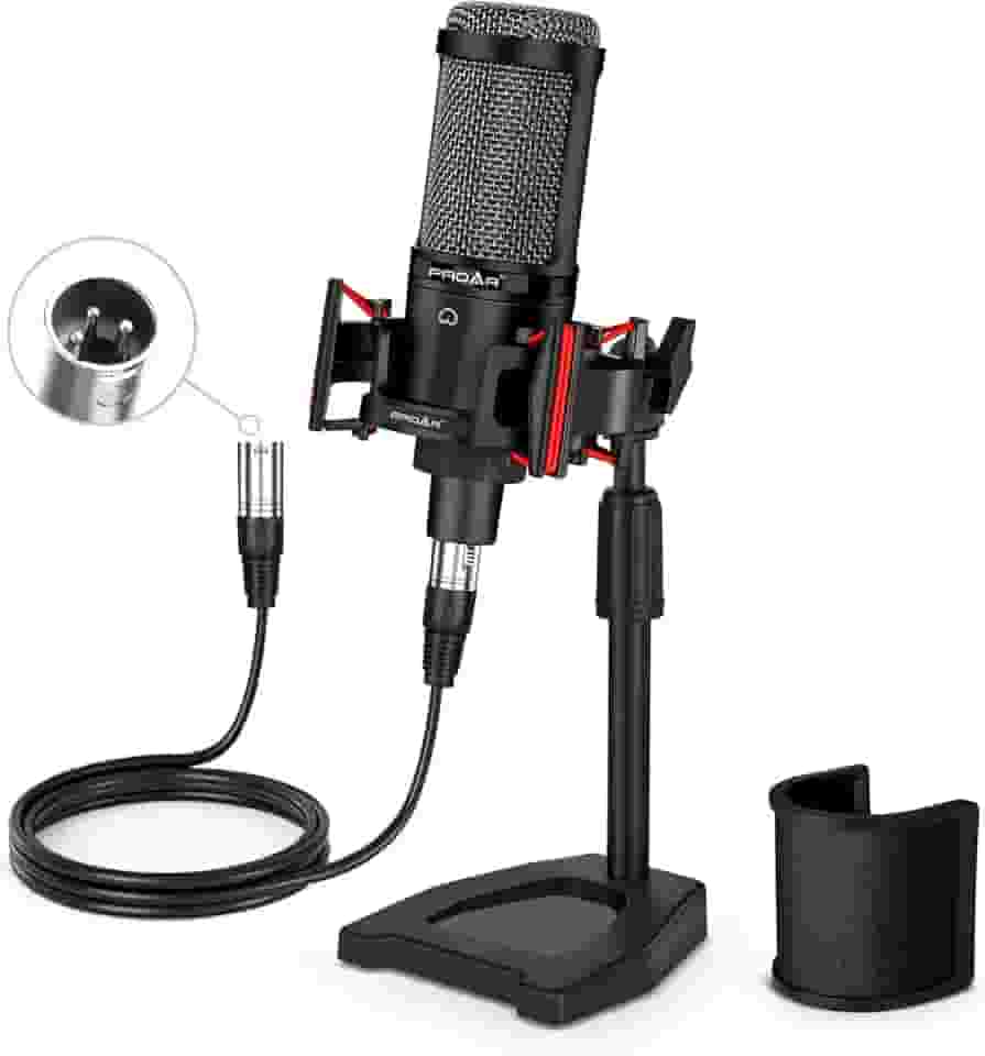 Microfone de podcast XLR profissional cardioide condensador para computador, estúdio, kit de microfone XLR para gravação/podcast/streaming/Voice Over/ASMR/Home Studio/YouTube com suporte de mesa