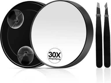 Espelho de aumento 30X, ventosa de espelho de aumento, espelhos de maquiagem de viagem com pinças precisas, espelhos compactos para a remoção de pelos faciais femininos, 8 cm (preto)