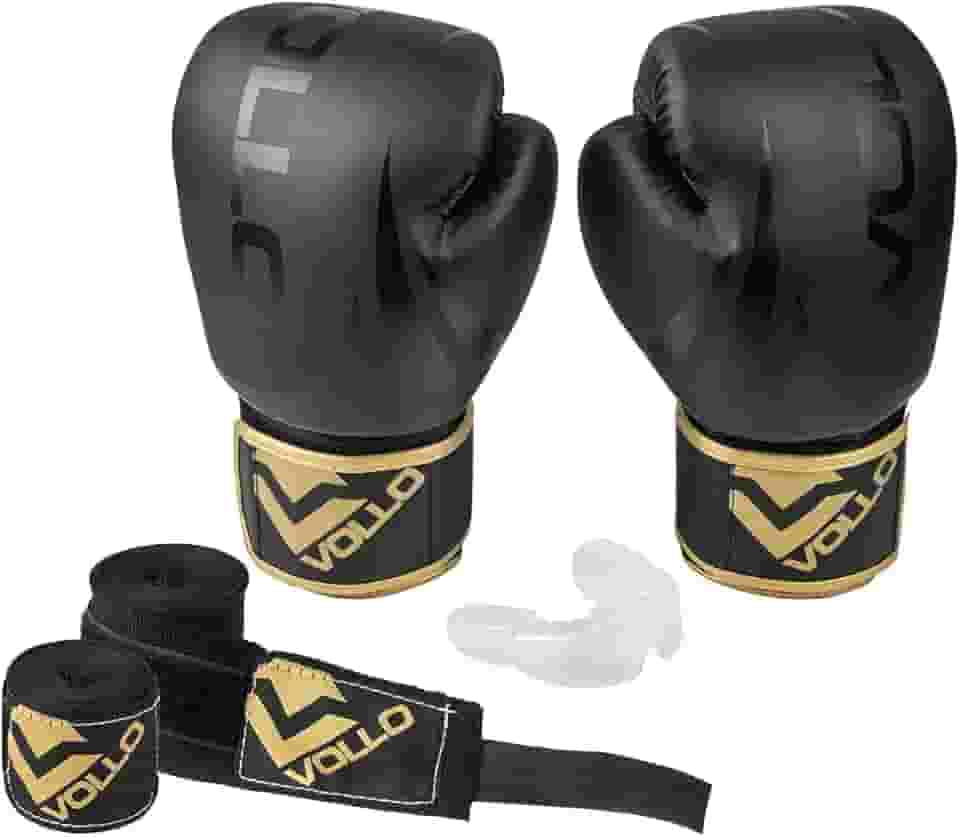 Vollo Kit Luva de Boxe e Muay Thai Preta + Protetor Bucal Transparente + Bandagem Elástica Preta 3m