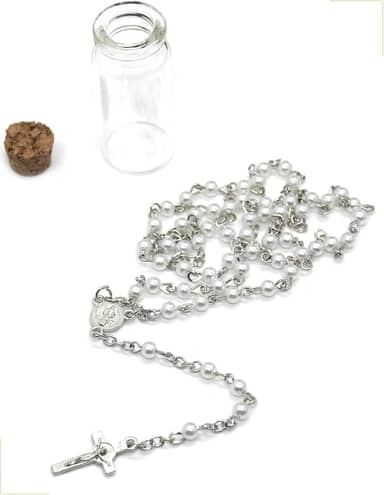 Terço Católico Feminino Colar Pérolas Nossa Senhora Aparecida — Medalhas e Crucifixo Dupla Face em Aço Inoxidável — Acompanha Garrafinha para Armazenar — Fé