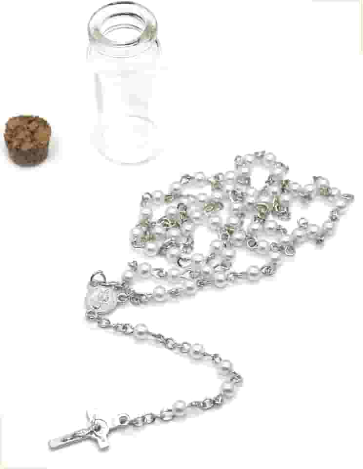 Terço Católico Feminino Colar Pérolas Nossa Senhora Aparecida — Medalhas e Crucifixo Dupla Face em Aço Inoxidável — Acompanha Garrafinha para Armazenar — Fé