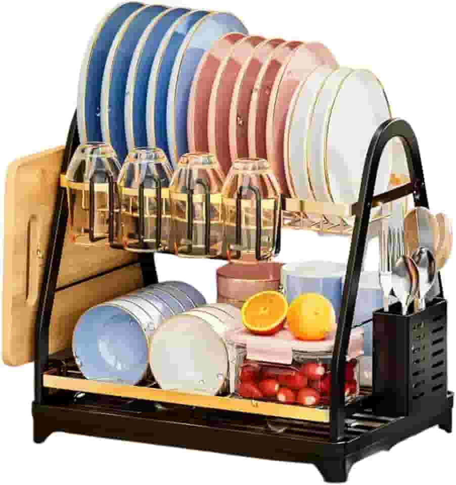 Escorredor de Louça 2 Andares em Aço Inox, Secador de Pratos e Talheres para Bancada com Bandeja Coletora e Porta Copos Premium (Preto)