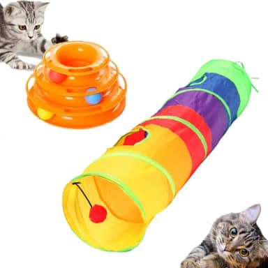 2 Brinquedo Interativo para Gato Torre + Tunel Labirinto Pet Bolinha