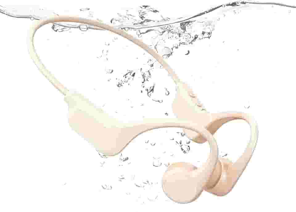 Fones de ouvido IP68 à prova d'água de condução óssea com design de orelha aberta, leitor de MP3 de 32 GB integrado para natação, exercícios, corrida, ciclismo (bege)
