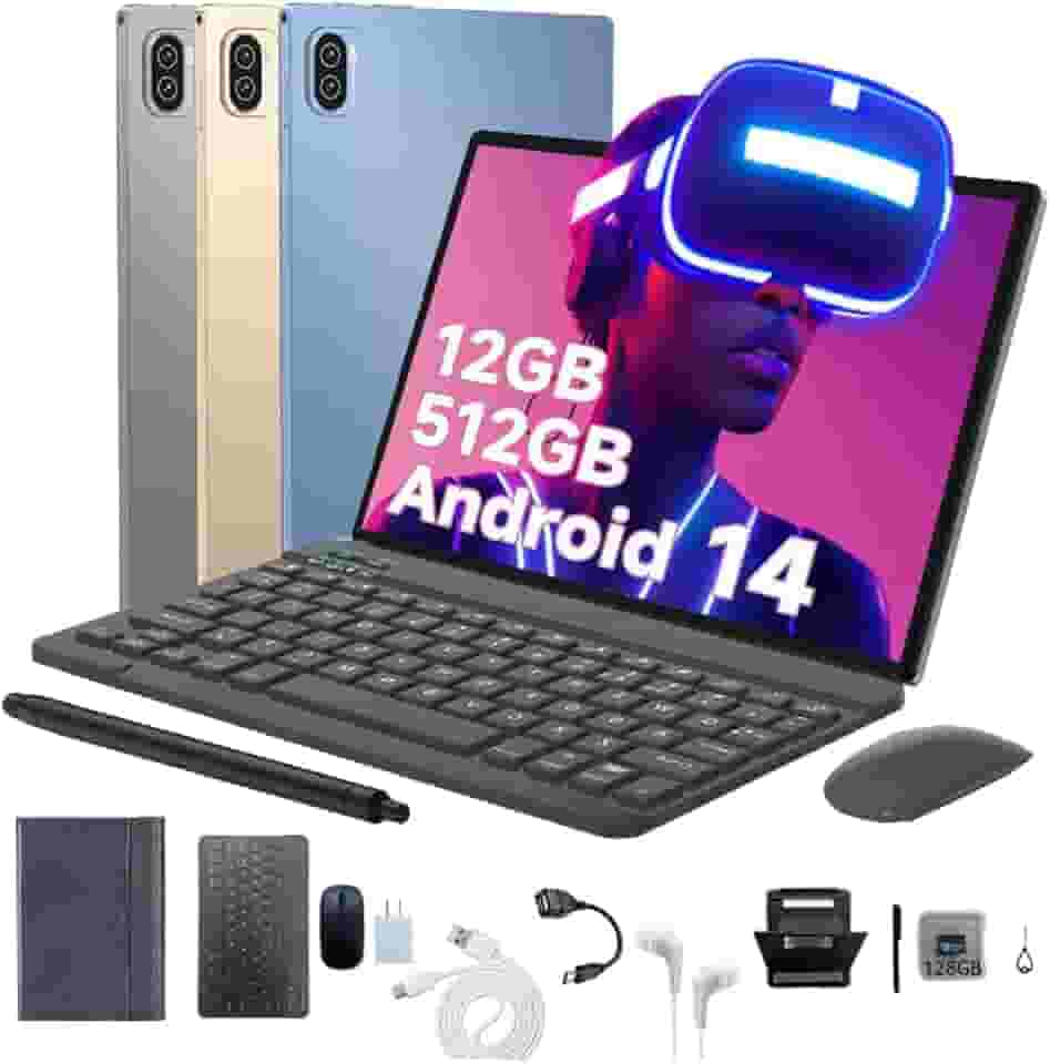 3 em 1 Tablet, com Capa/Teclado/Mouse, 10.1 Polegada, 1920×1200 Tela, 1920x1200 Tela Processador Octa-Core, 12GB RAM+512GB ROM, Câmera de 16MP + 32MP, Android 14, 8000mAh, Versão WiFi (Ouro rosê)