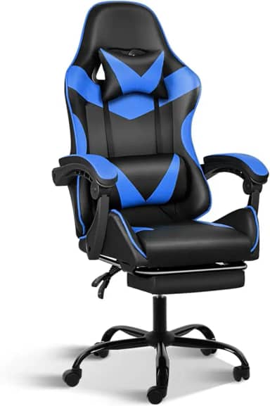 Cadeira Gamer Giratória, Reclinável com Apoio para Pés, Estofado em Couro PU,Azul E Preto Design Ergonômico, Base com Rodízios