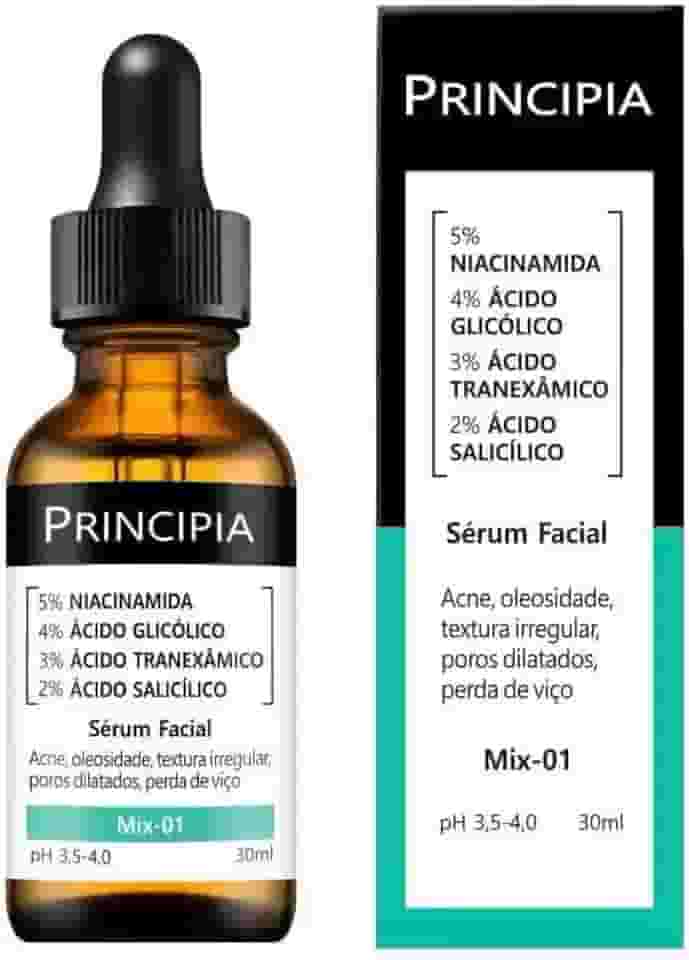 Sérum Facial Mix-01, 30ml, com 5% Niacinamida, Ácido Glicólico 4%, Ácido Tranexâmico 3%, Ácido Salicílico 2%, para Acne e Oleosidade