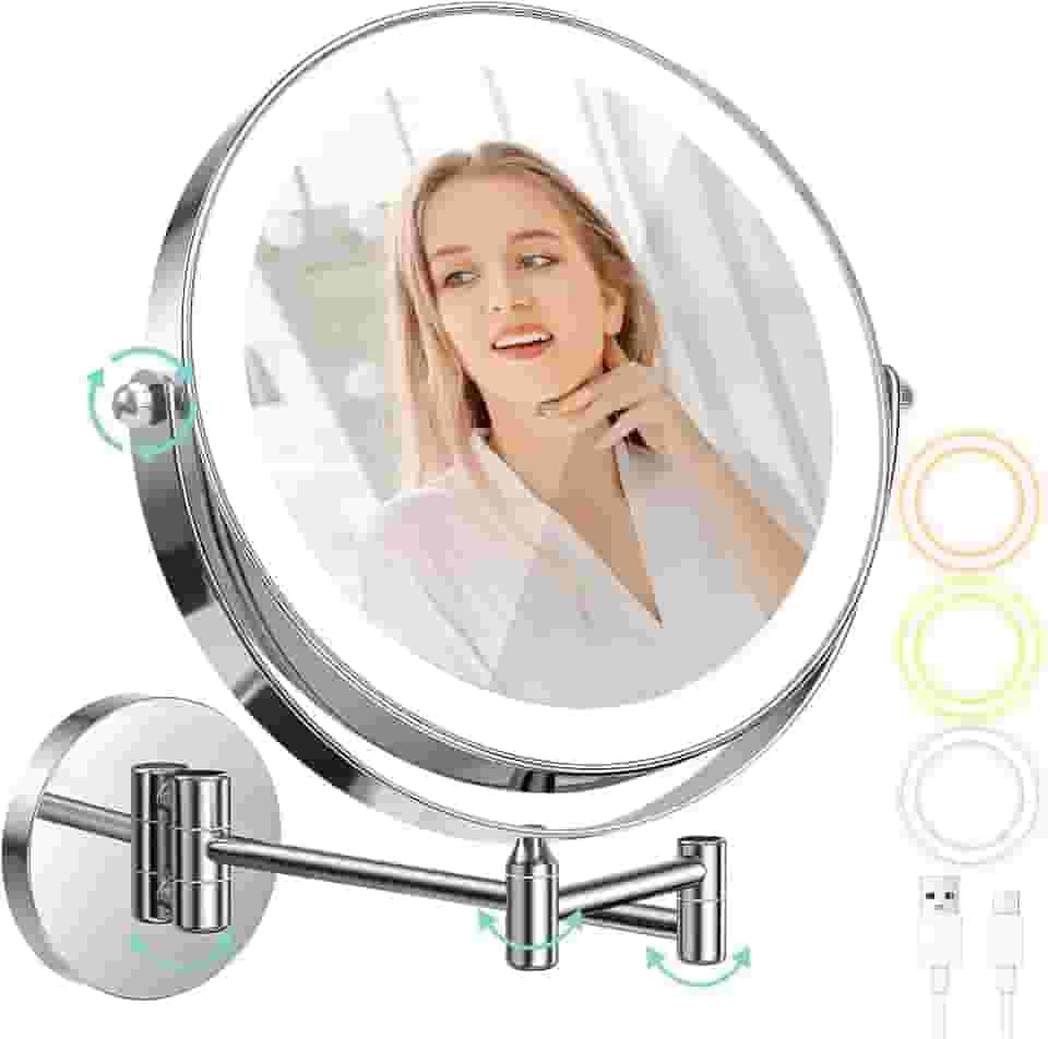 Reamfit Espelho de Maquiagem com LED, 1x/10x Ampliação, 3 Cores de Luz, Rotação de 360°, Montagem na Parede, Branco, 1C x 1L cm