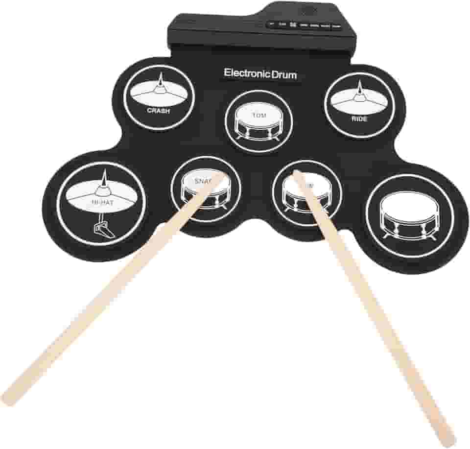 Asixxsix Conjunto de Bateria Elétrica, Kit de Bateria Eletrônica Portátil Roll Up de 7 Pads Com Alto-falante Embutido e Entrada de MP3, 5 Tons de Bateria, 8 Músicas de Demonstração