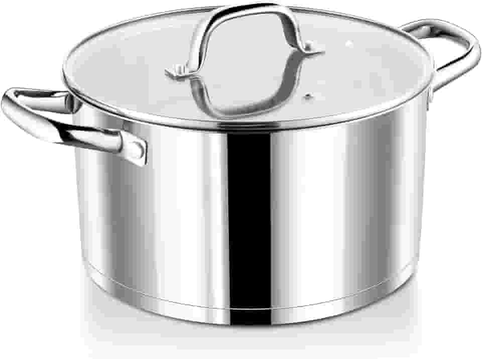 P&P CHEF Panela de cozimento de 8 litros com tampa, panela de indução de aço inoxidável para sopa, fundo de três camadas, tampa de vidro transparente e alça dupla, pode ser lavada na lava-louças