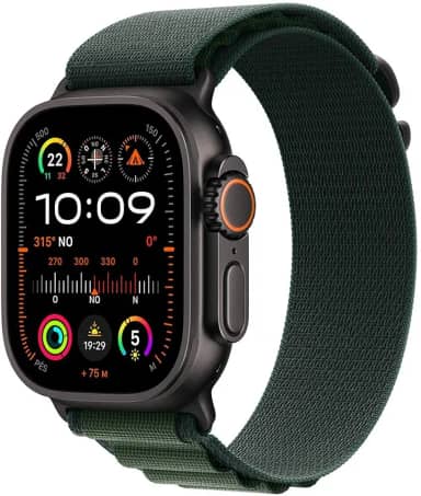 Apple Watch Ultra 2 GPS + Cellular • Caixa preta de titânio – 49 mm • Pulseira loop Alpina verde-escura – P